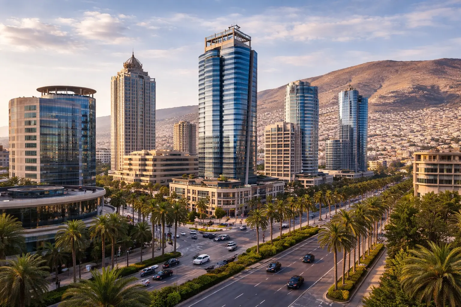 Damascus cityscape with modern business district, representing Syria's evolving commercial environment.